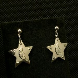 Vintage 70s 925 Silver Over Stainless Star Moon Earrings NOS